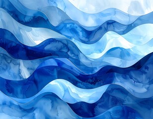 Abstract blue waves, like layered watercolor paper art, cool tones, elegant