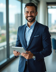 Smiling latin businessman manager holds tablet computer, happy hispanic executive looks at camera. Man stands in modern office, working with tech. Confident professional uses app.