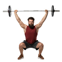 Naklejka premium Bearded athlete performing a powerful overhead squat with a chrome barbell on an isolated