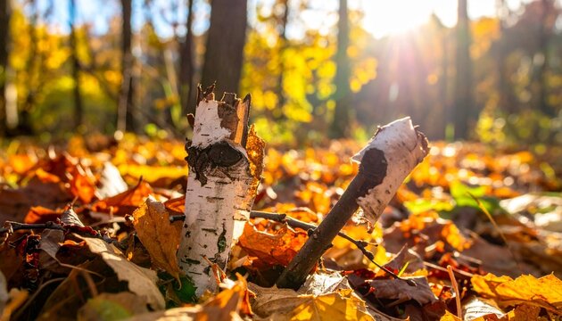 Dry birch twigs with peeling bark scattered on leaf litter in a sunlit deciduous forest