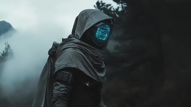 Mysterious figure wearing a hooded garment with glowing digital visor in misty wilderness