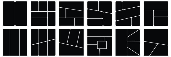 Comic book templates set on white background. Japanese manga design frames and layout. Storyboard cartoon page. Mockup for collage. Vector anime rectangle border