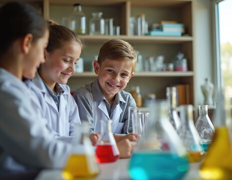 Happy children explore chemistry in lab. Pupils doing experiment with colorful liquids in flask beakers. School kids study science with teacher