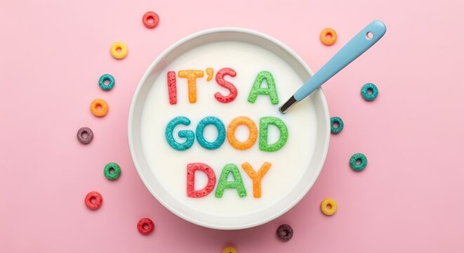 Serial baul milk letters food breakfast good day 
Colourful spoon pink ring shape overhead short table
