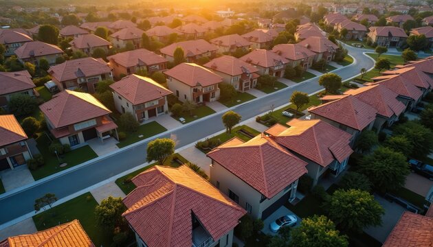 Aerial view of modern houses in a suburban neighborhood at sunrise. Tiled roofs glow in warm sunlight. Manicured lawns surround homes on a quiet street. Green trees line the suburban development.
