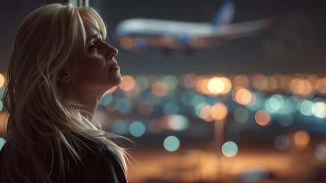Travel Concept with Blonde Woman and Blurred Jet Over Urban Skylin. Blonde Female Traveler Looking at Airplane Above Cityscape at Dusk. Stylish Blonde Woman Near Airport with City Lights Behind Her.