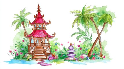 Obraz premium Whimsical watercolor of holistic wellness retreat in tropical jungle with yoga and spa