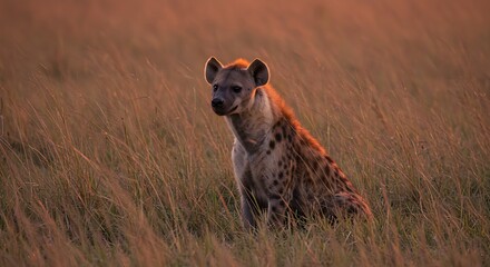 Obraz premium A solitary hyena observes from a grassy field, bathed in the warm hues of the sunset