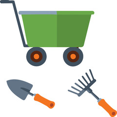Green wheelbarrow and gardening tools sit ready for planting in the bright sun, symbolizing spring and new beginnings.