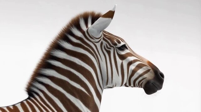 3D Realistic Zebra Head Close-Up on White Background &ndash; Photorealistic Animal Portrait with Natural Light and Subtle Motion