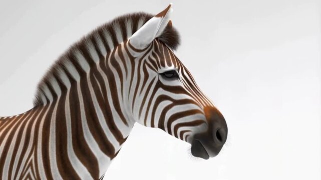 3D Realistic Zebra Head Close-Up on White Background &ndash; Photorealistic Animal Portrait with Natural Light and Subtle Motion