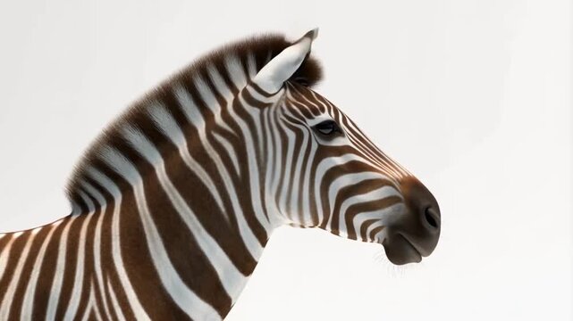 3D Realistic Zebra Head Close-Up on White Background &ndash; Photorealistic Animal Portrait with Natural Light and Subtle Motion