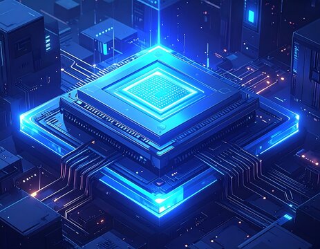 Abstract blue-lit computer chip on a circuit board with buildings in the background - Powered by Adobe
