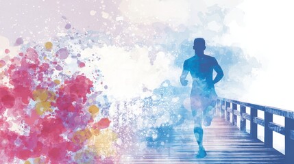 Whimsical watercolor of jogger running across bridge with sunrise sky, motivational wellness artwork