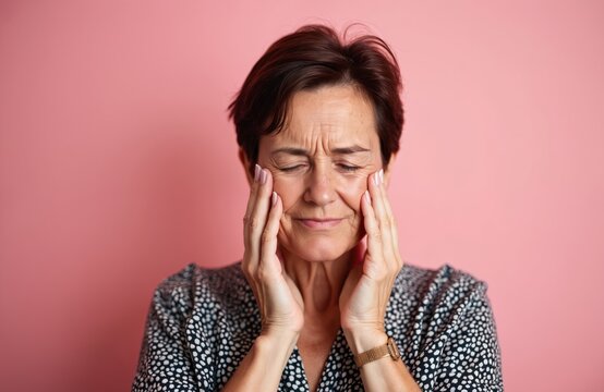 Middle aged woman intense facial pain, holding cheeks tightly with closed eyes. Experiences severe headache, jaw ache, TMJ syndrome affecting wellbeing. Brunette female requires medical, dental care,