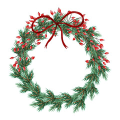 Watercolor Christmas wreath with Cristmas tree branch  Cozy winter wreath. Christmas elements