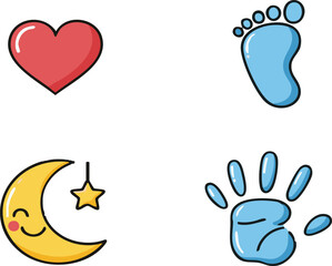 Cute baby symbols floating on white backdrop representing love, innocence, and dreams for newborns, creating a whimsical and heartwarming feeling.