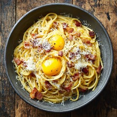 Creamy Spaghetti Carbonara, tossed in a large bowl, Generative AI.