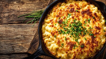 A loaded, gooey Macaroni and Cheese, baked to perfection in a cast-iron skillet, Generative AI.