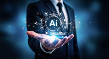 A businessman in a suit presenting a glowing digital interface in his open palm, featuring the letters ai at the center surrounded by icons related to artificial intelligence and technology