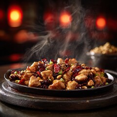 A sizzling plate of Kung Pao Chicken. Generative AI. 