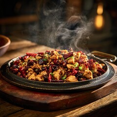 A sizzling plate of Kung Pao Chicken. Generative AI. 