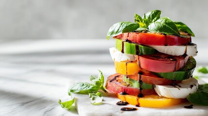 A vibrant, fresh Caprese Salad stack, thick slices of heirloom tomatoes. Generative AI.