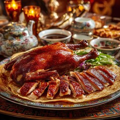 Perfectly roasted Peking Duck. Generative AI.