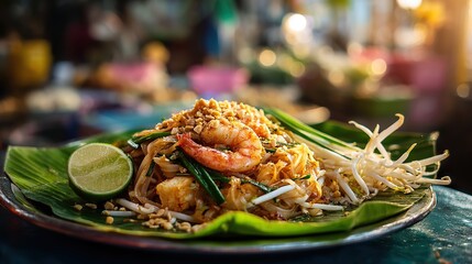 Authentic Pad Thai, stir-fried noodles with shrimp and tofu. Generative AI.