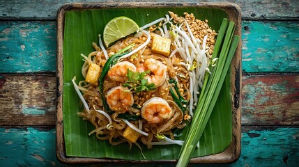 Authentic Pad Thai, stir-fried noodles with shrimp and tofu. Generative AI.