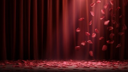 Dramatic Red Curtain with Spotlight Glow and Falling Rose Petals for Romantic Stage Design
