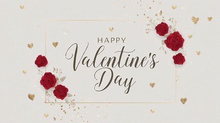 Happy Valentine’s Day Lettering with Scattered Red Roses and Decorative Border
