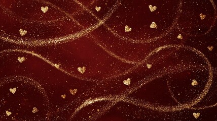 Luxury Golden Glitter Swirl on Crimson Red Background with Scattered Heart Accents