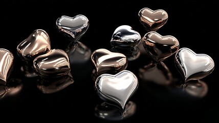 Floating 3D Metallic Hearts on Glossy Black Glass Background for Stylish Wallpaper
