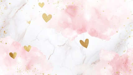 Elegant White Marble with Soft Pink Watercolor Splash and Golden Foil Heart Accent Background