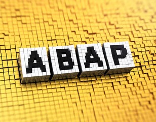 ABAP spelled out in white and black cubes on a rough, golden, brick-like background