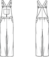 Technical flat sketch of full-length overalls, front and back view, adjustable straps, patch pocket, fly front, fashion illustration, garment template, apparel drawing