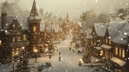 Aerial view of a snow-covered, festive village at dusk. Warm lights glow from windows, capturing a cozy, nostalgic holiday video scene. Live desktop wallpaper. - Powered by Adobe