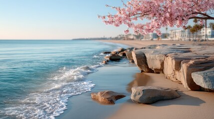 Cherry Blossoms Bloom Over Sandy Beach With Ocean Waves And Coastal Town In The Background Under Soft Morning Sunlight
