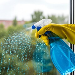 Hand in yellow glove spraying window cleaner on glass for a sparkling shine