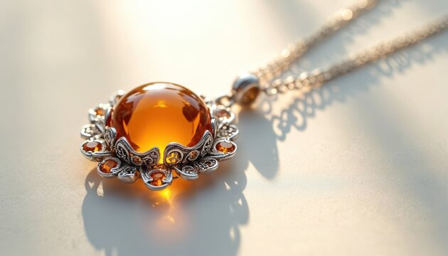 Intricate amber pendant with silver filigree details, resting on light surface. Warm sunlight creates soft shadows, gemstone glow, elegant craftsmanship. Jewelry accessory with luxurious feel.