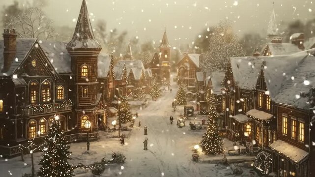 Aerial view of a snow-covered, festive village at dusk. Warm lights glow from windows, capturing a cozy, nostalgic holiday video scene. Live desktop wallpaper.