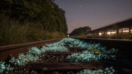 Fototapeta premium Railway track at night, with a bridge in the background. the sky is filled with stars, and the horizon is visible in the distance.