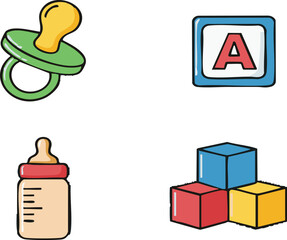 Baby items arranged on white surface represent childhood and innocence, evoking feelings of joy and tenderness.