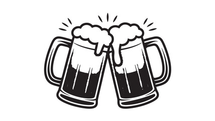 Two beer mugs toasting black and white illustration for Oktoberfest celebration and pub design