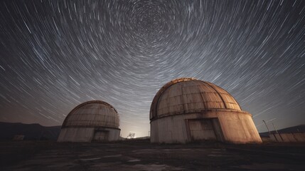 Obraz premium Two large dome-shaped structures, which appear to be old and dilapidated, sitting on a barren ground. the structures are made of concrete and have a dome-like shape with a flat top.