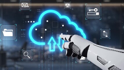 A robotic hand points at a vibrant cloud icon and data symbols in a sleek office setting, illustrating the future of technology and digital communication. Auvana - Powered by Adobe