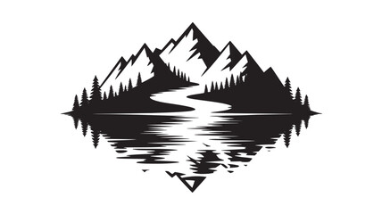 Fototapeta premium Mountain and river landscape illustration nature reflection scene outdoor adventure and travel concept isolated on white