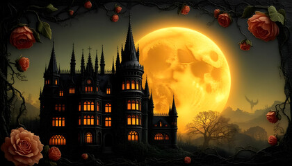 A gothic fantasy manor surrounded by enchanted gardens, its tall spires glowing under the presence of a radiant full moon. 