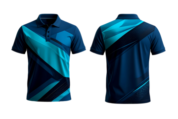 Blue geometric abstract polo shirt design template mockup for sports jersey or team uniform, front and back view